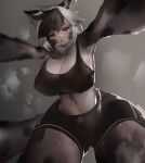  all_fours anthro athletic athletic_anthro athletic_female big_breasts black_clothing black_hair black_pupils black_shirt black_topwear blush bodily_fluids bottomwear bra breasts chest_tuft cleavage clothed clothing cloudscape detailed_background digital_media_(artwork) eyelashes felid female foreshortening fully_clothed fur grey_body grey_ears grey_eyes grey_fur grey_spots grey_tail greyscale gym_bottomwear gym_clothing gym_shorts hair hi_res huge_breasts kemono light lighting looking_at_viewer low-angle_view mammal markings midriff monochrome multicolored_body multicolored_fur multicolored_hair navel outside pantherine pupils shaded shirt short_hair shorts sky snow_leopard solo sports_bra spot_color spots spotted_body spotted_fur spotted_markings spotted_tail sweat tail_markings topwear tuft two_tone_body two_tone_fur two_tone_hair underwear utterangle vi_(hiioh) white_body white_ears white_fur white_hair white_inner_ear white_tail worm&#039;s-eye_view 