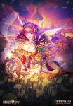  1girl bangs breasts character_request cleavage company_name copyright copyright_name destiny_child dress feathered_wings flower hair_flower hair_ornament highres kkuem kneeling large_breasts long_hair long_sleeves official_art parted_lips pink_hair puffy_sleeves purple_eyes red_dress solo white_wings wings 