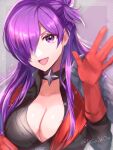  1girl armor asymmetrical_clothes bangs breasts cape choker cleavage fire_emblem fire_emblem:_three_houses fire_emblem_warriors:_three_hopes gloves hair_bun hair_over_one_eye highres large_breasts liszodow long_hair looking_at_viewer open_mouth purple_eyes purple_hair shez_(fire_emblem) shez_(fire_emblem)_(female) simple_background single_hair_bun smile solo 