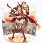  1girl animal_ears arms_up bangs blue_eyes boots breasts brown_hair championship_belt cleavage commentary crop_top crowd el_condor_pasa_(umamusume) gloves highres holding_belt horse_ears horse_girl horse_tail long_hair masai mask medium_breasts multiple_others navel open_mouth red_gloves red_shorts short_shorts shorts sleeveless standing tail teeth thigh_boots umamusume upper_teeth v wrestling_mask wrestling_outfit wrestling_ring 