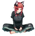  1girl absurdres animal_ears barefoot bow braid breasts cat_ears dress extra_ears hair_bow highres huge_breasts indian_style kaenbyou_rin long_hair long_sleeves nail_polish no_tail red_eyes red_hair red_nails sitting smile solo sugar_you toenail_polish toenails touhou twin_braids 