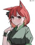  1girl :3 absurdres alternate_hairstyle animal_ear_fluff animal_ears bangs blunt_bangs cat_ears dress frills green_dress hair_behind_ear hand_up highres kaenbyou_rin looking_at_viewer puffy_short_sleeves puffy_sleeves red_eyes red_hair short_sleeves simple_background solo touhou upper_body ve1024 white_background wrist_cuffs 