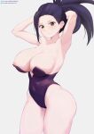  1girl a-o_a absurdres areola_slip arm_behind_head armpits arms_up ass bangs bare_shoulders black_eyes black_hair boku_no_hero_academia breasts covered_navel cowboy_shot hair_pulled_back high_ponytail highres large_breasts leotard looking_at_viewer paid_reward_available playboy_bunny solo standing strapless strapless_leotard thighs white_background yaoyorozu_momo 