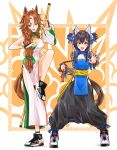  2girls absurdres alternate_costume alternate_hairstyle animal_ears asymmetrical_sleeves black_gloves black_hair blue_dress blue_eyes blue_hair breasts bridal_gauntlets brown_hair china_dress chinese_clothes cleavage daitaku_helios_(umamusume) double_bun dress ear_covers ear_ornament fighting_stance full_body gloves hair_between_eyes hair_bun hair_ornament hair_over_shoulder hairclip highres hip_vent holding holding_staff holding_weapon horse_ears horse_girl horse_tail large_breasts leg_up long_hair looking_at_viewer low-tied_long_hair medium_hair mejiro_palmer_(umamusume) multicolored_hair multiple_girls nunchaku open_mouth pose shoes silenxe smile sneakers spread_legs staff streaked_hair tail umamusume very_long_hair weapon white_dress yellow_eyes 
