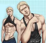  1boy abs artist_name bara bare_pectorals black_tank_top blonde_hair clothes_lift facial_hair large_pectorals lifted_by_self male_focus muscular muscular_male navel nipples pectorals reiner_braun shingeki_no_kyojin short_hair tank_top teeth urielbeaupre15 yellow_eyes 