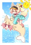  3girls ^_^ animal animal_ear_fluff animal_ears animalization bangs bikini bikini_under_clothes blonde_hair blue_footwear blue_jacket blue_sky blush brown_collar brown_headwear closed_eyes cloud collar collarbone day drawstring fish flip-flops fox_ears fox_girl fox_tail frilled_bikini frills hair_ornament highres hood hood_down hooded_jacket jacket kemomimi-chan_(naga_u) long_sleeves multiple_girls naga_u open_clothes open_jacket original ponytail red_eyes riding sandals sky sleeves_past_wrists sparkle sun_symbol swimsuit tail v-shaped_eyebrows visor_cap water white_bikini 