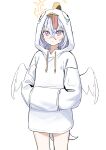  1girl absurdres angel_wings azusa_(blue_archive) bangs blue_archive closed_mouth feathered_wings halo hands_in_pocket highres hood hood_down hood_up hoodie long_hair looking_at_viewer low_wings peroro_(blue_archive) pink_eyes simple_background syhan tears tongue tongue_out white_background white_hair white_hoodie white_wings wings 
