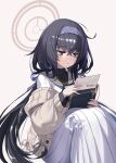  1girl 2v_(joyeong) absurdres bangs black_hair blue_archive blue_eyes book cardigan closed_mouth dress hairband highres holding holding_book knees_up long_hair off_shoulder open_cardigan open_clothes sitting solo ui_(blue_archive) white_dress 