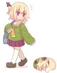  2girls animal_ear_fluff animal_ears bag bangs black_footwear blonde_hair blush closed_eyes closed_mouth fox_ears fox_girl fox_tail green_shirt hair_between_eyes hair_bun hair_ornament highres kemomimi-chan_(naga_u) loafers long_sleeves multiple_girls naga_u necktie no_animal_ears orange_necktie original pleated_skirt purple_eyes purple_skirt ribbon-trimmed_legwear ribbon_trim sailor_collar school_bag school_uniform serafuku shadow shirt shoes simple_background skirt sleeves_past_fingers sleeves_past_wrists tail thighhighs walking white_background white_sailor_collar white_thighhighs 