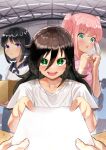  1other 3girls :d absurdres bags_under_eyes bangs black_hair black_sailor_collar blurry blurry_background blush box casual collarbone commentary_request fingernails giving green_eyes hair_between_eyes hands_up happy highres holding holding_box holding_paper kotobuki_(stealth_sendan) kuroki_tomoko long_hair looking_at_viewer low_twintails multiple_girls nemoto_hina open_mouth paper pink_hair pink_shirt pov pov_hands sailor_collar shirt short_sleeves smile sparkle sweat tamura_yuri teeth textless_version twintails two_side_up upper_teeth watashi_ga_motenai_no_wa_dou_kangaetemo_omaera_ga_warui! white_shirt 