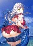  1girl :d ass back bangs bare_shoulders bikini bikini_skirt blue_scarf blue_sky breasts bubble cowboy_shot fingerless_gloves fire_emblem fire_emblem:_radiant_dawn fire_emblem_heroes flower gloves grey_hair hair_flower hair_ornament hair_ribbon half_updo large_breasts long_hair looking_at_viewer looking_back micaiah_(fire_emblem) microskirt official_alternate_costume open_mouth red_bikini red_gloves ribbon scarf sideboob skirt sky smile solo swimsuit thighs to_kifa towel water wet wet_clothes yellow_eyes 