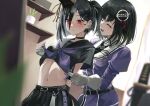  2girls absurdres arisugawa_bii azur_lane bangs belt black_belt black_choker black_hair black_shirt black_skirt blush bob_cut breasts choker closed_eyes closed_mouth commentary_request commission cowboy_shot crop_top crossover ear_piercing elbow_gloves gloves haguro_(azur_lane) haguro_(kancolle) haguro_kai_ni_(kancolle) hair_between_eyes hair_ornament hairclip highres indoors jacket kantai_collection long_hair long_sleeves mask midriff military military_uniform multiple_girls name_connection navel neckerchief open_mouth piercing plant pleated_skirt potted_plant puffy_long_sleeves puffy_sleeves purple_jacket purple_neckerchief red_eyes school_uniform serafuku shirt short_hair short_sleeves short_sword side_ponytail sidelocks skeb_commission skirt small_breasts smile standing sweat sword tantou tengu_mask uniform weapon white_gloves 