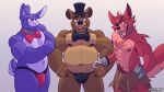  4_fingers absurd_res animatronic anthro biceps bonnie_(fnaf) bottomwear bow_tie bulge canid canine canis churrosolixoso claws clothing digital_media_(artwork) erection eye_patch eyewear fingers five_nights_at_freddy&#039;s fox foxy_(fnaf) freddy_(fnaf) fur group hat headgear headwear hi_res hook jockstrap lagomorph leporid looking_at_viewer machine male male/male mammal muscular muscular_anthro muscular_male nipple_piercing nipples open_mouth pecs piercing pirate rabbit robot scar scott_cawthon scottgames shaded shorts simple_background smile top_hat trio underwear ursid video_games 