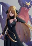  1girl absurdres black_coat black_pants black_shirt blonde_hair breasts cleavage coat cynthia_(pokemon) fur-trimmed_coat fur_collar fur_trim garchomp grey_background grey_eyes hair_ornament hair_over_one_eye hand_up highres holding holding_poke_ball large_breasts long_hair pants parted_lips poke_ball poke_ball_(basic) pokemon pokemon_(creature) pokemon_(game) pokemon_dppt revision shirt signature ukyou_(ukyopokemon) very_long_hair 