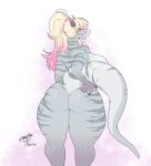  absurd_res anthro big_breasts blonde_hair breasts butt dragon female gradient_hair hair hi_res highlights_(coloring) holding_tail horn lofiflavors looking_back pink_eyes ponytail presenting presenting_hindquarters rear_view sharp_teeth smile solo striped_body stripes tail_aside teeth thick_thighs wide_hips yogoat 