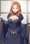  1girl alternate_costume amayo_thranana annette_fantine_dominic aqua_eyes black_dress blue_flower blush breasts cleavage cleavage_cutout clothing_cutout commentary_request dress fire_emblem fire_emblem:_three_houses flower forehead highres indoors juliet_sleeves long_hair long_sleeves looking_at_viewer open_mouth orange_hair puffy_sleeves smile solo wide_sleeves 