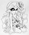  1girl alternate_costume alternate_hairstyle bare_arms bare_shoulders breasts callie_(splatoon) character_doll cleavage collarbone cross-shaped_pupils hair_down hand_up isamu-ki_(yuuki) long_hair marie_(splatoon) medium_breasts mole mole_under_eye monochrome open_mouth rubbing_eyes simple_background sitting solo splatoon_(series) suction_cups tentacle_hair traditional_media waking_up white_background yokozuwari 