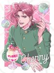  1boy arm_up biscuit_(bread) border cherry cherry_earrings circle collared_shirt earrings english_text food food-themed_earrings fruit gakuran green_jacket hierophant_green highres holding holding_spoon jacket jewelry jojo_no_kimyou_na_bouken kakyoin_noriaki male_focus medium_hair nitako outside_border parfait pink_background pink_hair purple_eyes school_uniform shirt solo sparkle spoon stardust_crusaders tongue tongue_out twitter_username upper_body watermark white_border 