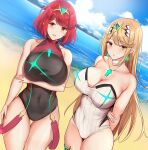  2girls bangs black_one-piece_swimsuit blonde_hair breasts chest_jewel competition_swimsuit headpiece highres large_breasts long_hair multiple_girls mythra_(radiant_beach)_(xenoblade) mythra_(xenoblade) noeomi one-piece_swimsuit pyra_(pro_swimmer)_(xenoblade) pyra_(xenoblade) red_eyes red_hair red_one-piece_swimsuit ribbed_swimsuit short_hair strapless strapless_swimsuit striped striped_one-piece_swimsuit swept_bangs swimsuit tiara two-tone_swimsuit vertical-striped_swimsuit vertical_stripes very_long_hair white_one-piece_swimsuit xenoblade_chronicles_(series) xenoblade_chronicles_2 yellow_eyes 