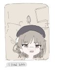  1girl absurdres bandaid bandaid_on_face bandaid_on_nose bangs bed beret black_headwear brown_eyes chat_log english_text fangs hair_rings hat hatoba_tsugu highres hospital hospital_bed i_lived_bitch_(meme) looking_at_viewer lyrinne meme open_mouth simple_background solo speech_bubble tsugu_(vtuber) virtual_youtuber white_background 