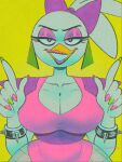  5_fingers animatronic anthro artist_name avian beak big_breasts bird bracelet breasts chicken cleavage clothed clothing eyebrows female fingers fishnet_clothing five_nights_at_freddy&#039;s five_nights_at_freddy&#039;s:_security_breach galliform gallus_(genus) glamrock_chica_(fnaf) half-closed_eyes half-length_portrait hi_res jewelry lipstick looking_at_viewer machine makeup narrowed_eyes non-mammal_breasts phasianid portrait robot scottgames small_waist solo spiked_bracelet spikes video_games white_body wide_hips wolftang 