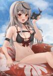  1girl :d absurdres animal_on_hand armband bikini black_bikini black_hair blue_sky blush breasts cleavage cloud cloudy_sky commentary_request day ear_piercing grey_hair hair_ornament hanazawa_ma highres hololive innertube inu_(sakamata_chloe) large_breasts long_hair looking_at_viewer multicolored_hair nail_polish navel orca outdoors piercing red_eyes red_nails sakamata_chloe sitting sky smile streaked_hair swimsuit virtual_youtuber x_hair_ornament 