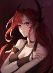  1girl absurdres arknights black_shirt breasts crescent demon_girl demon_horns facial_tattoo halterneck hand_up highres horns long_hair looking_at_viewer medium_breasts pink_eyes red_eyes red_hair shirt signature simple_background solo surtr_(arknights) tattoo the_other_lilac upper_body 