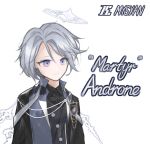  1boy absurdres andoain_(arknights) arknights artist_name black_jacket character_name grey_hair halo highres jacket male_focus mysxan purple_eyes short_hair simple_background solo upper_body white_background 