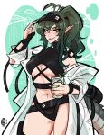  1girl abs absurdres adjusting_clothes adjusting_headwear arknights black_headwear breasts bright_pupils brown_eyes cleavage crocodilian_tail cup drinking_glass fang gavial_(arknights) green_hair green_nails highres holding holding_cup large_breasts lips looking_at_viewer medium_hair muscular muscular_female navel parted_lips pointy_ears ponytail scruffyturtles smile solo tail teeth underboob white_pupils 