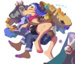  1boy 2girls barefoot big_man_(splatoon) bike_shorts blue_hair character_doll closed_eyes clothes_lift crop_top cuddling dark-skinned_female dark_skin eel frye_(splatoon) highres hug multiple_girls pajamas salorbt shark shirt_lift shiver_(splatoon) sleeping splatoon_(series) splatoon_3 stuffed_animal stuffed_toy tentacle_hair toes 