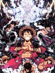  abs black_hair coat coat_on_shoulders gear_fifth gear_fourth gear_second gear_third glowing hat highres looking_at_viewer lydart_mclo monkey_d._luffy multiple_persona muscular muscular_male one_piece open_clothes open_shirt own_hands_together red_eyes scar scar_on_chest scar_on_face short_hair smile spoilers straw_hat white_hair 