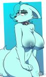  angry anthro areola big_breasts blue_areola blue_nipples breasts butt canid canine canis collar collar_only curvy_figure digital_media_(artwork) ear_piercing eyebrow_piercing facial_piercing fan_character female fur h2o_(sosorloss) hair hi_res lip_piercing looking_at_viewer mammal nipple_piercing nipples nude piercing simple_background solo sos_or_loss spiked_collar spikes voluptuous wolf 