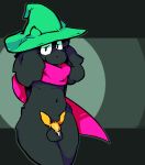  aliasing anthro big_ears black_body black_fur bodily_fluids bovid caprine catjam_(artist) chastity_cage chastity_device clothing cum cum_drip deltarune dripping eyewear fur genital_fluids girly glasses goat green_clothing green_hat green_headwear hat headgear headwear hi_res looking_at_viewer male mammal pink_scarf ralsei scarf simple_background smile solo thick_thighs undertale_(series) video_games 