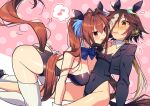  2girls :d all_fours alternate_costume animal_ears artist_name ass bare_legs blush bow bowtie breasts brown_hair cleavage commentary_request covered_navel cropped_jacket daiwa_scarlet_(umamusume) detached_collar hair_over_one_eye horse_ears horse_girl horse_tail large_breasts long_hair long_sleeves looking_at_another multicolored_hair multiple_girls musical_note nose_blush pink_background playboy_bunny polka_dot polka_dot_background red_eyes sitting small_breasts smile spoken_musical_note streaked_hair tail tail_through_clothes thighhighs twintails umamusume vodka_(umamusume) white_hair white_thighhighs zest_(lossol) 