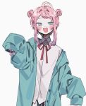  1boy :d ahoge amemura_ramuda aqua_eyes aqua_jacket bangs buttons candy collared_shirt dbffnj9yodnccnd dot_nose double_bun fang food hair_bun highres holding holding_candy holding_food holding_lollipop hypnosis_mic jacket lollipop long_sleeves looking_at_viewer neck_ribbon open_mouth pink_hair red_ribbon ribbon shirt short_hair sidelocks simple_background sketch sleeves_past_fingers sleeves_past_wrists smile solo standing white_background white_shirt 