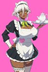  1girl :d alternate_costume apron blush breasts carrying cowboy_shot dark-skinned_female dark_skin enmaided hair_between_eyes hand_on_hip highres huge_breasts juliet_sleeves long_sleeves looking_at_viewer maid maid_apron maid_headdress medium_hair ookuma_nekosuke puffy_sleeves shinmai_maou_no_testament simple_background smile solo tea_set thick_thighs thighhighs thighs white_hair white_thighhighs yellow_eyes zest 