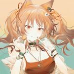  1girl angelina_(arknights) angelina_(summer_flowers)_(arknights) animal_ears arknights bracelet brown_hair earpiece extra_ears food fox_ears gradient gradient_background hair_ornament hairclip hands_up highres holding holding_food infection_monitor_(arknights) jewelry long_hair looking_at_viewer mugimaipiancha necklace official_alternate_costume pinky_out red_eyes red_nails red_one-piece_swimsuit simple_background solo swimsuit twintails upper_body 