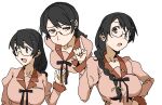  1girl braid brown_eyes expressions from_above glasses hair_ornament hairclip hanekawa_tsubasa ichisannyonn index_finger_raised long_hair long_sleeves looking_at_viewer looking_away monogatari_(series) open_mouth puffy_long_sleeves puffy_sleeves solo 