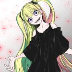  1girl bangs black_eyes blonde_hair clothing_cutout constricted_pupils dress ear_piercing evil_smile fangs green_hair hair_ornament head_tilt highres long_hair multicolored_hair nemu_r14 original piercing pink_hair shoulder_cutout smile solo stitched_arm stitches twintails two_side_up very_long_hair 