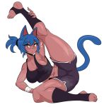  absurd_res animal_humanoid blue_hair bodily_fluids breasts cat_humanoid cleavage clothed clothing felid felid_humanoid feline feline_humanoid female hair hi_res humanoid kinathefox mammal mammal_humanoid simple_background solo stretching sweat white_background 