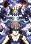  1boy brown_eyes brown_hair collarbone earth_(planet) glowing glowing_eyes green_eyes green_tank_top gundam gundam_wing hair_between_eyes heero_yuy male_focus mecha mechanical_wings mobile_suit planet robot science_fiction signature straight-on tank_top totthii0081 v-fin v-shaped_eyebrows wing_gundam_zero_custom wings 