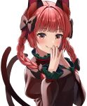  1girl animal_ears bangs banned_artist black_bow bow braid cat_ears cat_tail dress green_dress hair_bow juliet_sleeves kaenbyou_rin long_sleeves multiple_tails nekomata puffy_sleeves red_eyes red_hair solo steepled_fingers tail tongue tongue_out touhou twin_braids two_tails unfinished upper_body white_background yuuka_nonoko 