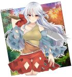  1girl artist_name bangs bare_shoulders blue_sleeves border closed_mouth commentary_request dress grey_hair hidden_star_in_four_seasons highres holding holding_knife knife leaf long_hair looking_at_viewer multicolored_clothes multicolored_dress orange_eyes ougi_hina outdoors sakata_nemuno single_strap solo touhou upper_body wavy_hair white_border yellow_dress 