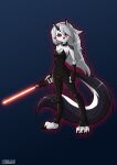  2022 absurd_res anthro breasts canid canid_demon clothing collar demon digitigrade ear_piercing ear_ring female fingerless_gloves fur gloves h1draw hair handwear hellhound helluva_boss hi_res lightsaber long_hair looking_at_viewer loona_(helluva_boss) mammal melee_weapon notched_ear piercing red_sclera ring_piercing shoulder_tuft sith solo spiked_collar spikes star_wars tuft weapon 