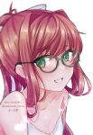  1girl absurdres artist_name bespectacled bow breasts brown_hair doki_doki_literature_club glasses green-framed_eyewear green_eyes happy highres long_hair mi_tarou0412 monika_(doki_doki_literature_club) off_shoulder ribbon simple_background smile teeth white_bow white_ribbon 