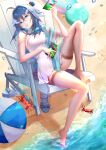  1girl absurdres adapted_costume ahoge arknights ball beach_chair beachball black_hair breasts cleavage crab dress goggles goggles_around_neck hair_between_eyes hair_intakes headhunting_permit_(arknights) highres holding la_pluma_(arknights) la_pluma_(summer_flowers)_(arknights) looking_at_viewer miramanul sandals sandals_removed short_hair sideboob sitting small_breasts smile solo spaghetti_strap strap_slip thighs water white_dress 
