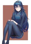  1girl ameno_(a_meno0) bangs blue_eyes blue_hair blue_pants blue_shirt border feet_out_of_frame fire_emblem fire_emblem_awakening gold_hairband hair_between_eyes hands_on_own_knees knees_up legs long_hair looking_at_viewer lucina_(fire_emblem) pants parted_lips ribbed_sweater shirt sitting solo sweater symbol_in_eye tiara wavy_hair white_border 