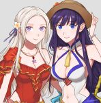  2girls altina_(fire_emblem) blue_eyes blush breasts casual_one-piece_swimsuit cleavage edelgard_von_hresvelg fire_emblem fire_emblem:_radiant_dawn fire_emblem:_three_houses fire_emblem_heroes flower grey_background hair_flower hair_ornament hair_ribbon hat highres large_breasts long_hair looking_at_viewer multiple_girls navel official_alternate_costume one-piece_swimsuit open_mouth peach11_01 plumeria purple_eyes purple_hair red_one-piece_swimsuit ribbon simple_background smile swimsuit twitter_username very_long_hair white_hair 