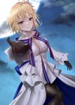  1girl archetype_earth arcueid_brunestud bangs bare_shoulders beckoning blonde_hair blush breasts cleavage cloud cloudy_sky commentary_request cowboy_shot detached_sleeves dot_nose dress fate/grand_order fate_(series) flower full_moon hair_flower hair_ornament highres leg_up long_sleeves looking_at_viewer medium_hair moon night red_eyes sky smile solo tsukihime white_dress yuyuenimo 