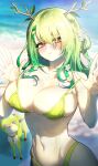 1girl absurdres antlers beach bikini bikini_pull blurry blurry_background blush branch breasts ceres_fauna clothes_pull collarbone day deer flower ghdwid green_hair hair_flower hair_ornament hands_up highres hololive hololive_english large_breasts leaf long_hair looking_at_viewer mole mole_under_eye navel nemu_(ceres_fauna) open_hands outdoors pulled_by_self raised_eyebrows stomach strap_pull swimsuit toned virtual_youtuber wavy_hair yellow_bikini yellow_eyes 